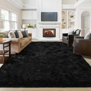 junovo soft area rugs for living room 8x10 feet fluffy rug carpets for bedroom shaggy rugs for kids teens girls boys indoor plush rug for dorm room playroom nursery home decor, black