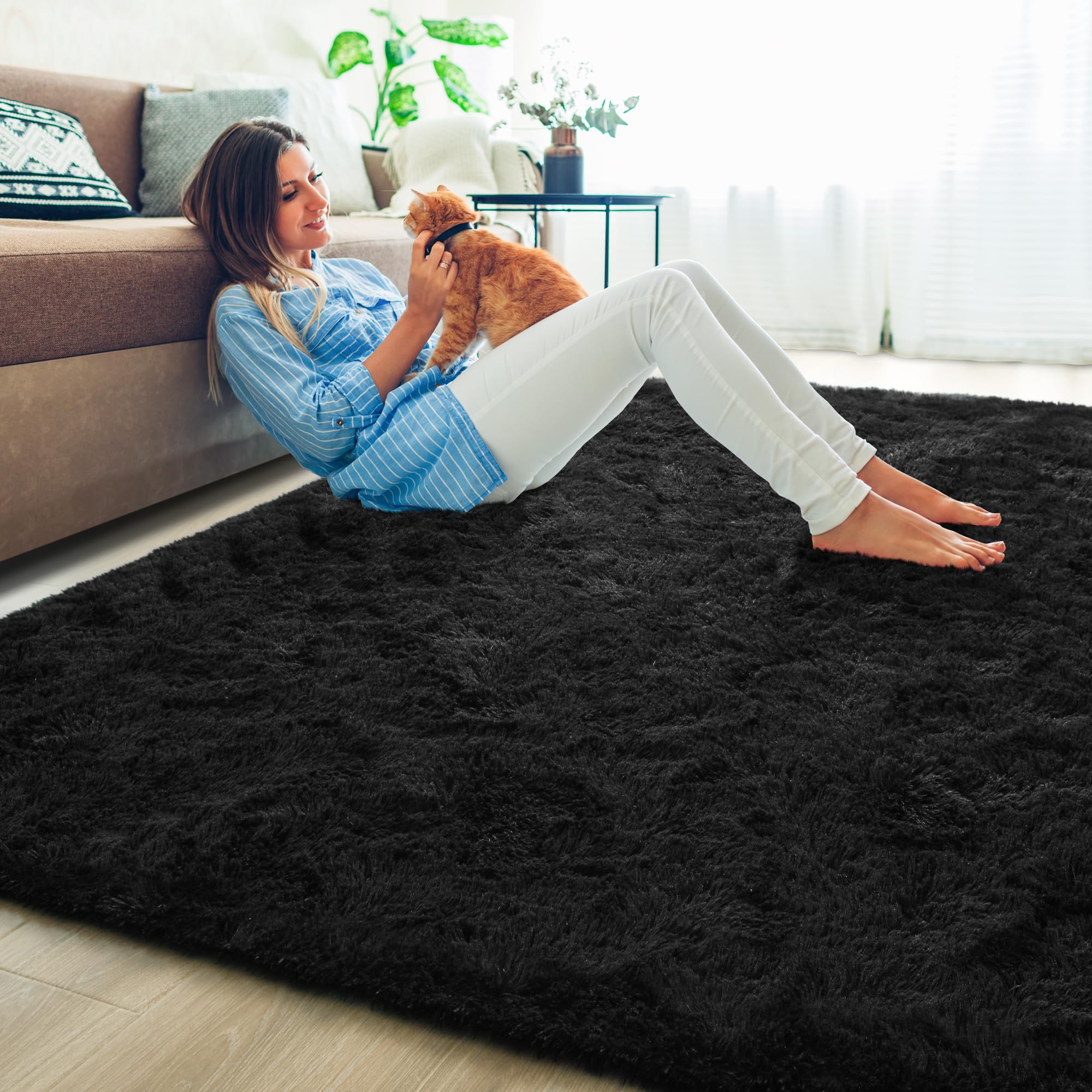 junovo Soft Area Rugs for Living Room 8x10 Feet Fluffy Rug Carpets for Bedroom Shaggy Rugs for Kids Teens Girls Boys Indoor Plush Rug for Dorm Room Playroom Nursery Home Decor, Black