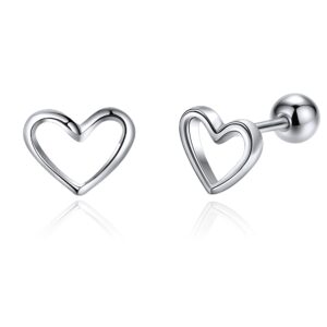 JSGEMSLEE Hypoallergenic 925 Sterling Silver Heart Earrings With Screw Back Tiny Love Heart Stud Earrings for Women Tragus Cartilage Jewelry