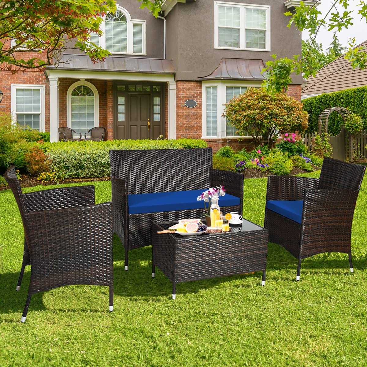 Toolsempire 4 Pieces Patio Sofa Set, Wicker Conversation Set with Ergonomic Curved Backrest, Rattan Furniture Set with Water-Resistant Cushion & Tempered Glass Table for Balcony, Porch (Navy Blue)