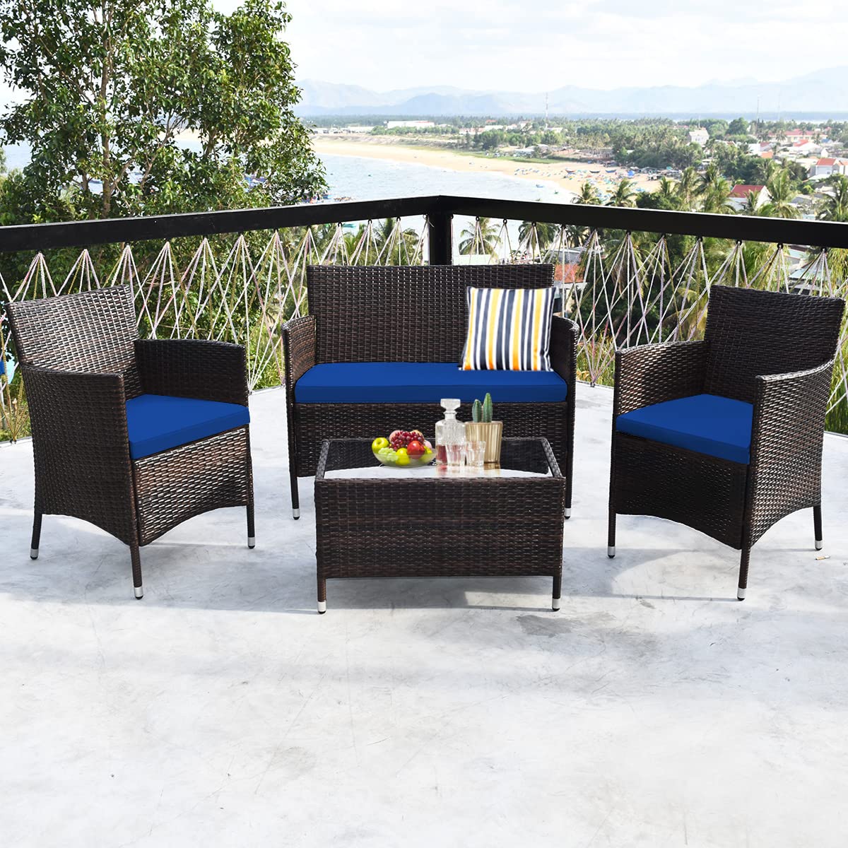 Toolsempire 4 Pieces Patio Sofa Set, Wicker Conversation Set with Ergonomic Curved Backrest, Rattan Furniture Set with Water-Resistant Cushion & Tempered Glass Table for Balcony, Porch (Navy Blue)