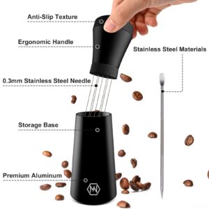 MEINV WDT Espresso Distribution Tool, 0.35mm 7Needles Coffee Stirrer Distributor with Latte Art Pen & Stand, Aluminum Alloy Espresso Whisk with 3 Replaceable Needles for Coffee Bar Baristas (Black)