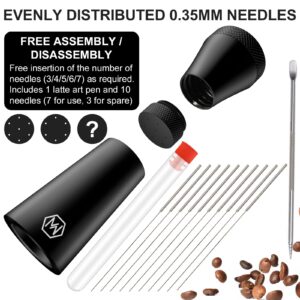 MEINV WDT Espresso Distribution Tool, 0.35mm 7Needles Coffee Stirrer Distributor with Latte Art Pen & Stand, Aluminum Alloy Espresso Whisk with 3 Replaceable Needles for Coffee Bar Baristas (Black)