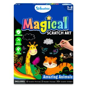 skillmatics magical scratch art book for kids - animals, craft kits & supplies, diy activity & stickers, gifts for toddlers, girls & boys ages 3, 4, 5, 6, 7, 8, travel toys