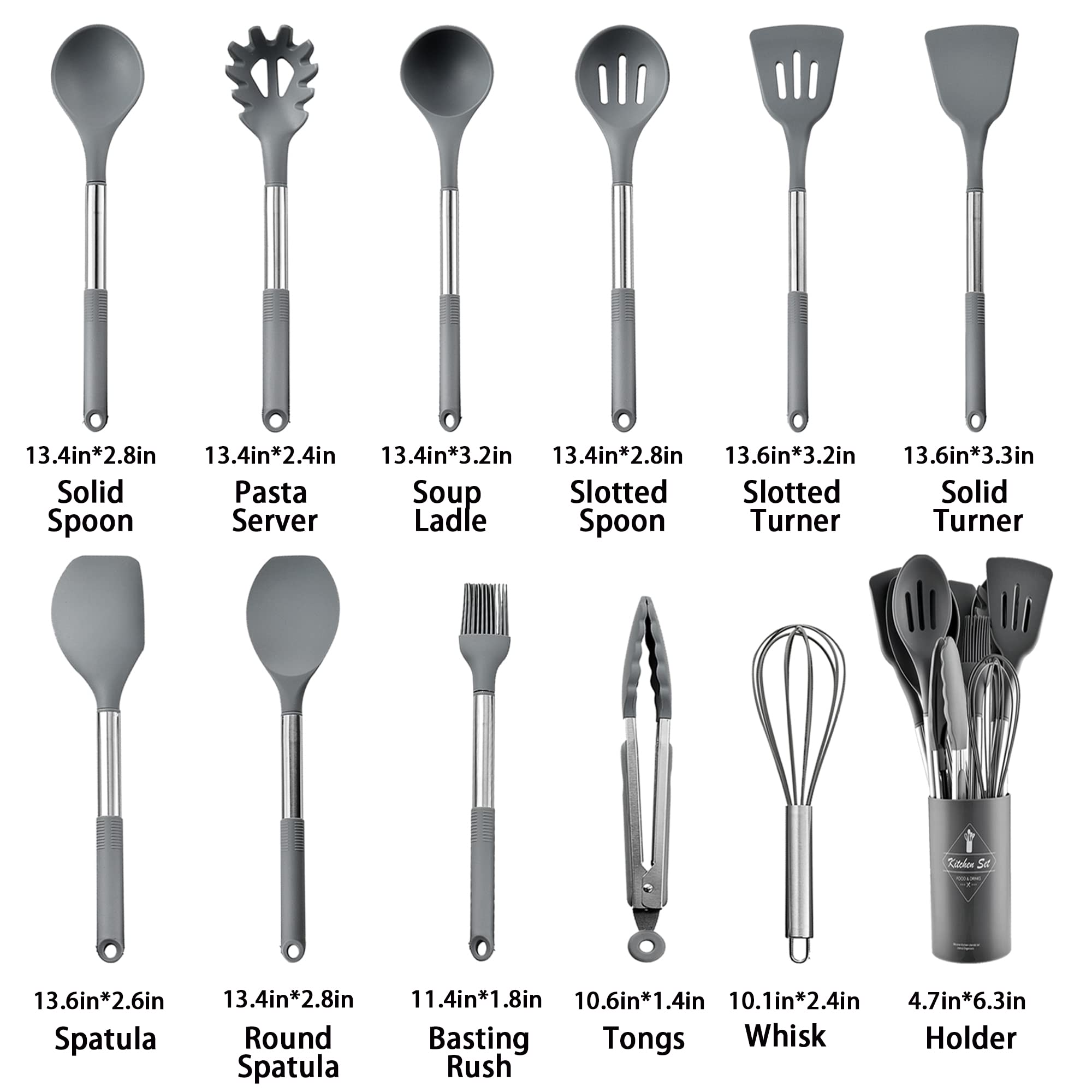 Keidason Silicone Cooking Utensils Set for Kitchen,446°F Heat Resistant 11 pcs Non-Stick Cooking Set Spatula Turner Spoon Tongs Whisk,BPA-Free-Gray