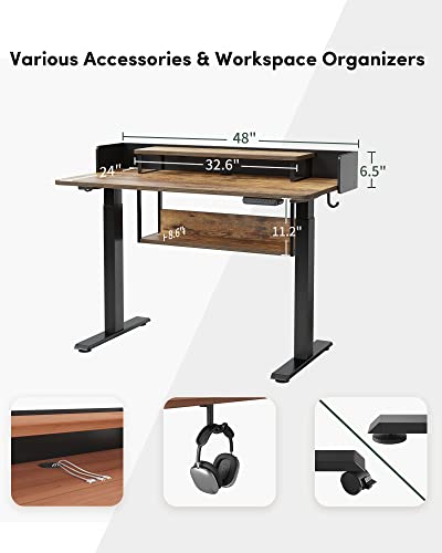 BANTI 48"x24" Standing Desk Adjustable Electric Height with Monitor Stand, Double Storage Shelves Stand Up Desk, Home Office Workstation Sit Stand up Desk (Rustic Brown)