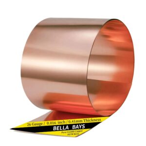 BELLA BAYS Copper Flashing 26 Gauge(0.016"/0.41mm) Thickness, 12in x 10ft, ASTM B152 99.95+% Pure Copper Sheet Roll, General Use or Roofing Flashing Roll - DIY Project or Contractor