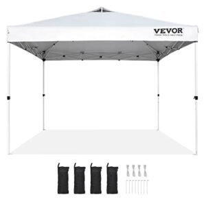 VEVOR Pop Up Canopy Tent, 10 x 10 ft, 250 D PU Silver Coated Tarp, with Portable Roller Bag and 4 Sandbags, Waterproof and Sun Shelter Gazebo for Outdoor Party, Camping, Commercial Events, White