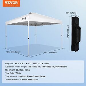 VEVOR Pop Up Canopy Tent, 10 x 10 ft, 250 D PU Silver Coated Tarp, with Portable Roller Bag and 4 Sandbags, Waterproof and Sun Shelter Gazebo for Outdoor Party, Camping, Commercial Events, White