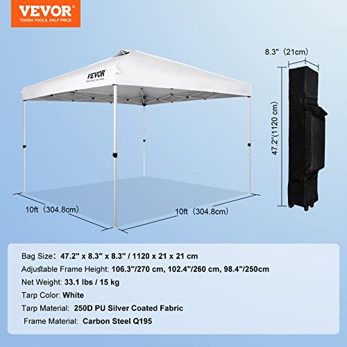 VEVOR Pop Up Canopy Tent, 10 x 10 ft, 250 D PU Silver Coated Tarp, with Portable Roller Bag and 4 Sandbags, Waterproof and Sun Shelter Gazebo for Outdoor Party, Camping, Commercial Events, White