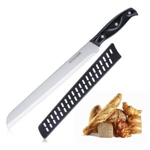 little cook bread knife with cover, 10 inch serrated bread knife for homemade bread, german stainless steel brisket knife, bread cutter ideal for slicing homemade bread, bagels, cake