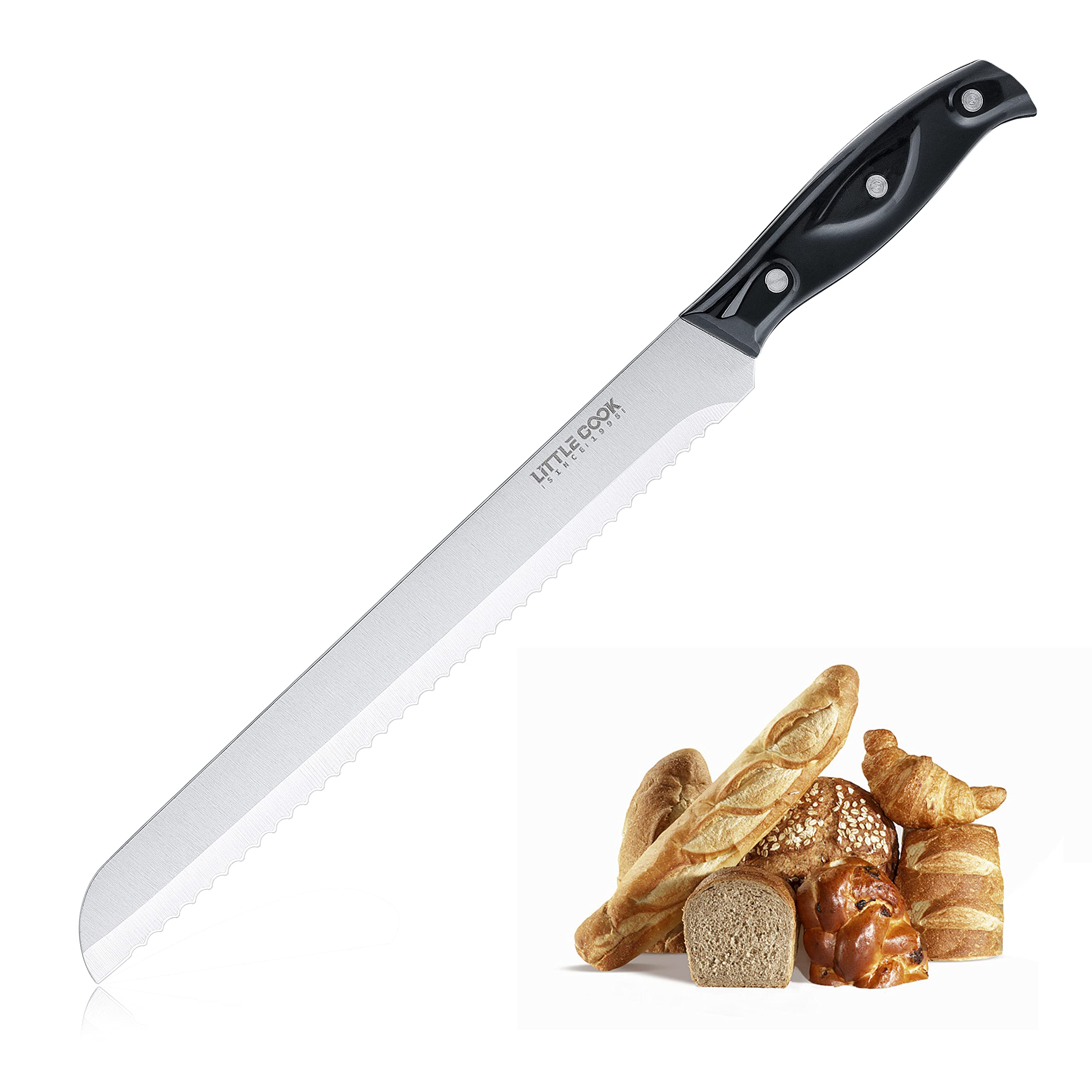 Little Cook Bread Knife with Cover, 10 inch serrated bread knife for homemade bread, German Stainless Steel brisket knife, Bread Cutter Ideal for Slicing Homemade Bread, Bagels, Cake