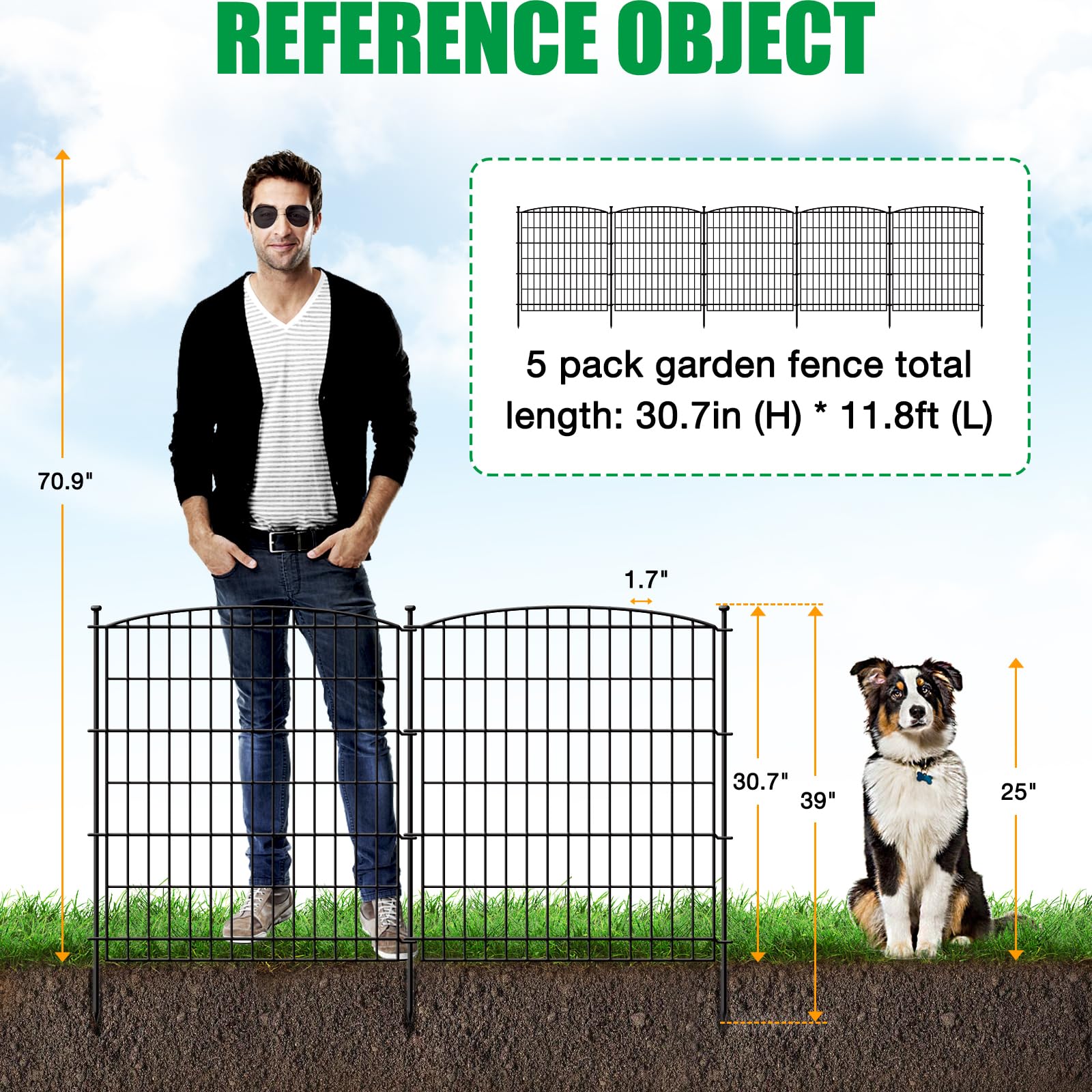 Zamsion Garden Fence 5 Panels, 31 in(H) x 11.8ft(L) Outdoor Animal Barrier Fence for Dog Pet, No Dig Decorative Garden Fencing Border for Yard and Patio, Rustproof Metal Wire Panel