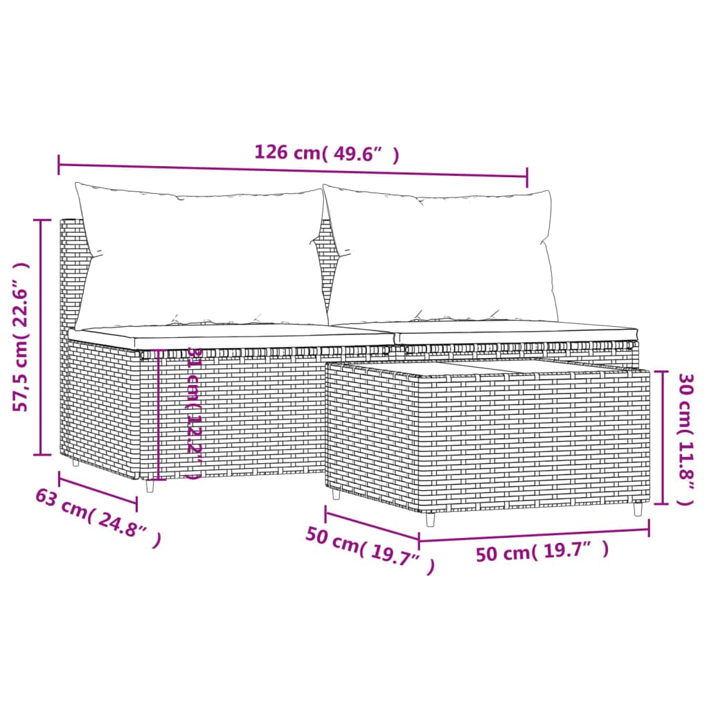 vidaXL - 3 Piece Patio Lounge Set with Cushions, Black PE Rattan Material, Weather-Resistant, with Tempered Glass Top Table, Powder-Coated Steel Frames, Modular Design for Flexible Configuration