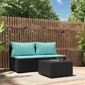 vidaXL - 3 Piece Patio Lounge Set with Cushions, Black PE Rattan Material, Weather-Resistant, with Tempered Glass Top Table, Powder-Coated Steel Frames, Modular Design for Flexible Configuration