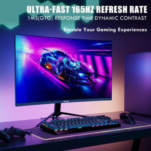 27 Inch Curved Gaming Monitor, QHD 2560 x 1440 Computer Monitor 144Hz/165Hz, 16:9 Wide HDR Display, FreeSync, 1ms Response, PC Monitor Built-in Speaker, 2* HDMI & DisplayPort, Tilt Adjustable