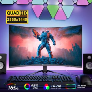 27 Inch Curved Gaming Monitor, QHD 2560 x 1440 Computer Monitor 144Hz/165Hz, 16:9 Wide HDR Display, FreeSync, 1ms Response, PC Monitor Built-in Speaker, 2* HDMI & DisplayPort, Tilt Adjustable