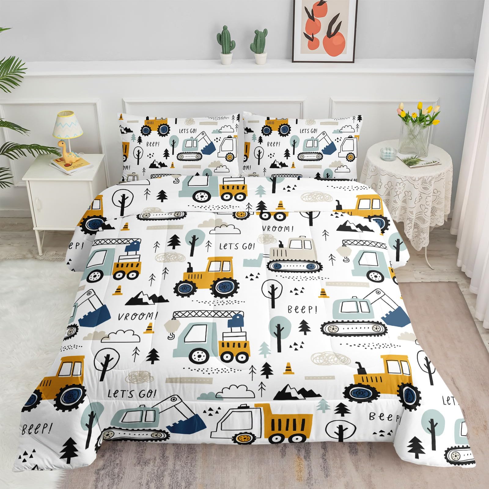 Datura home Kids Cartoon Excavator Bedding Comforter Sets for Boy and Girls,Construction Truck Bulldozer Tree Pattern Comforter Set with 2 Pillowcase and 1 Comforter(Excavator Twin)