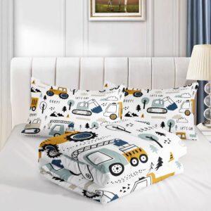 Datura home Kids Cartoon Excavator Bedding Comforter Sets for Boy and Girls,Construction Truck Bulldozer Tree Pattern Comforter Set with 2 Pillowcase and 1 Comforter(Excavator Twin)