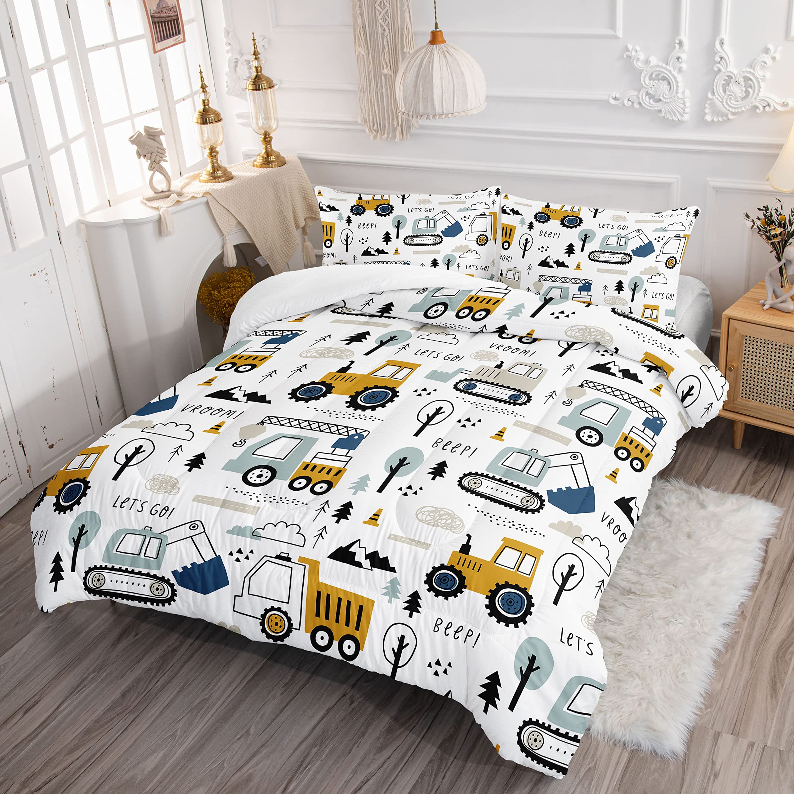 Datura home Kids Cartoon Excavator Bedding Comforter Sets for Boy and Girls,Construction Truck Bulldozer Tree Pattern Comforter Set with 2 Pillowcase and 1 Comforter(Excavator Twin)