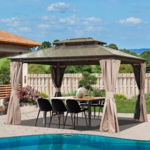 domi 10'x12' hardtop gazebo with polycarbonate double roof canopy,outdoor aluminum frame permanent pavilion with curtains and netting, sunshade for garden,patio,lawn (dark brown frame)