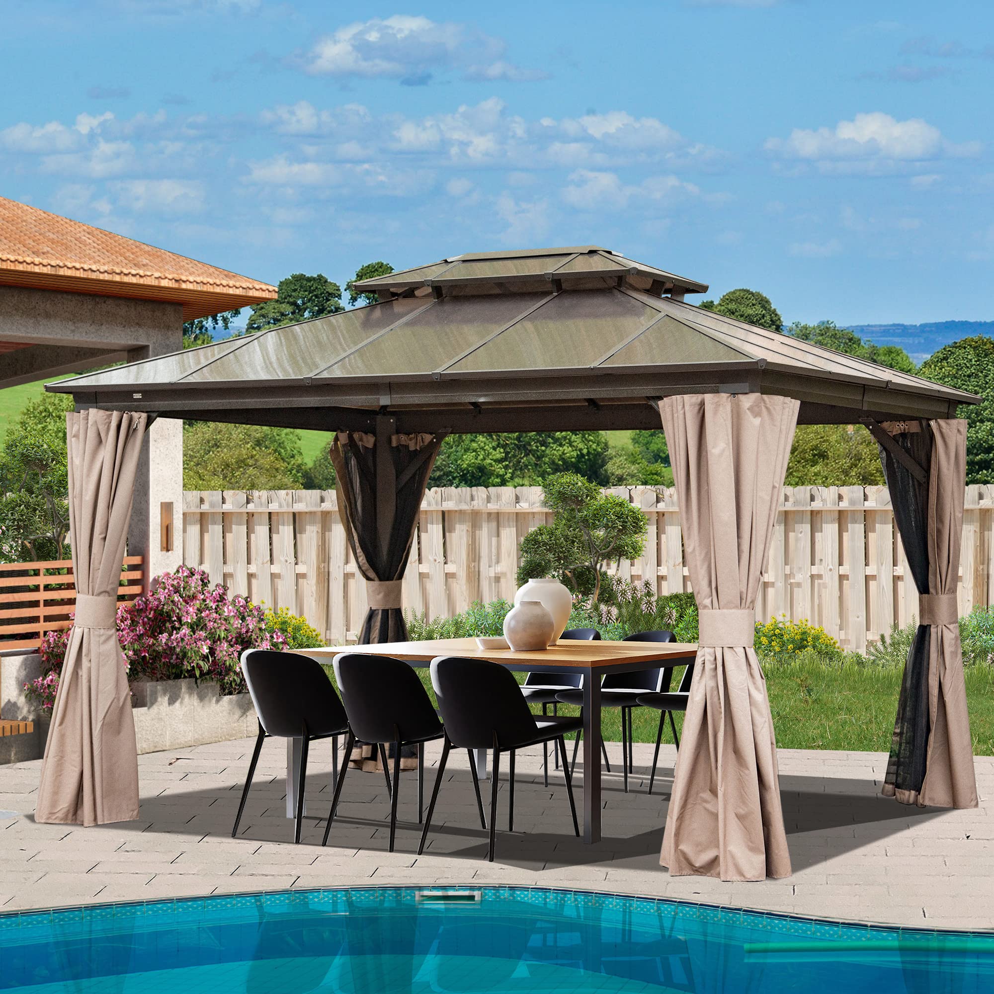 Domi 10'x12' Hardtop Gazebo with Polycarbonate Double Roof Canopy,Outdoor Aluminum Frame Permanent Pavilion with Curtains and Netting, Sunshade for Garden,Patio,Lawn (Dark Brown Frame)