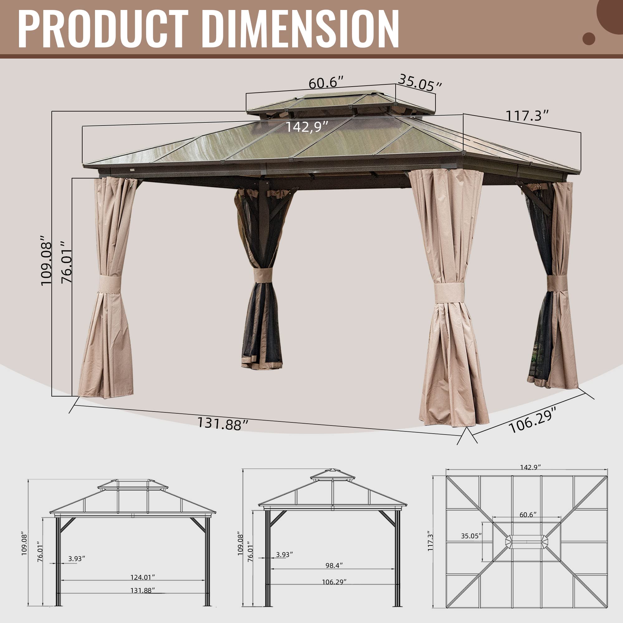 Domi 10'x12' Hardtop Gazebo with Polycarbonate Double Roof Canopy,Outdoor Aluminum Frame Permanent Pavilion with Curtains and Netting, Sunshade for Garden,Patio,Lawn (Dark Brown Frame)