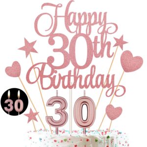 30th birthday cake decorations set include 30th birthday candles numeral 30 cake candles and happy 30th birthday cake toppers with heart star cupcake picks for birthday party (rose gold series)