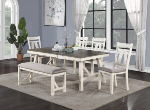 dining room furniture 6pc dining set table w leaf and 4x side chairs 1x bench gray fabric cushion seat white clean lines wooden table top