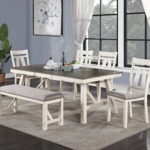 Dining Room Furniture 6pc Dining Set Table w Leaf and 4X Side Chairs 1x Bench Gray Fabric Cushion Seat White Clean Lines Wooden Table Top