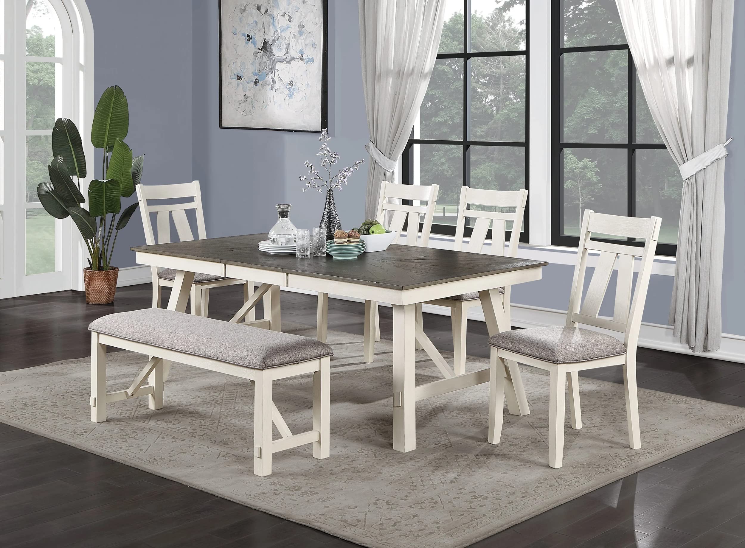 Dining Room Furniture 6pc Dining Set Table w Leaf and 4X Side Chairs 1x Bench Gray Fabric Cushion Seat White Clean Lines Wooden Table Top