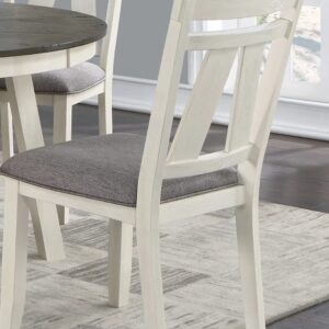 Dining Room Furniture 6pc Dining Set Table w Leaf and 4X Side Chairs 1x Bench Gray Fabric Cushion Seat White Clean Lines Wooden Table Top