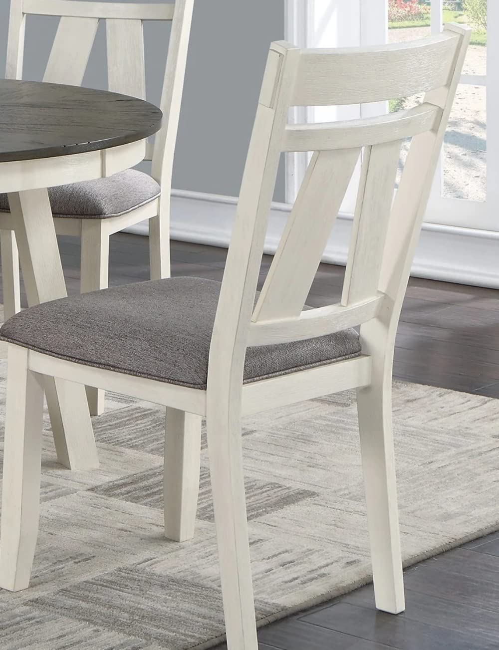 Dining Room Furniture 6pc Dining Set Table w Leaf and 4X Side Chairs 1x Bench Gray Fabric Cushion Seat White Clean Lines Wooden Table Top