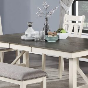 Dining Room Furniture 6pc Dining Set Table w Leaf and 4X Side Chairs 1x Bench Gray Fabric Cushion Seat White Clean Lines Wooden Table Top