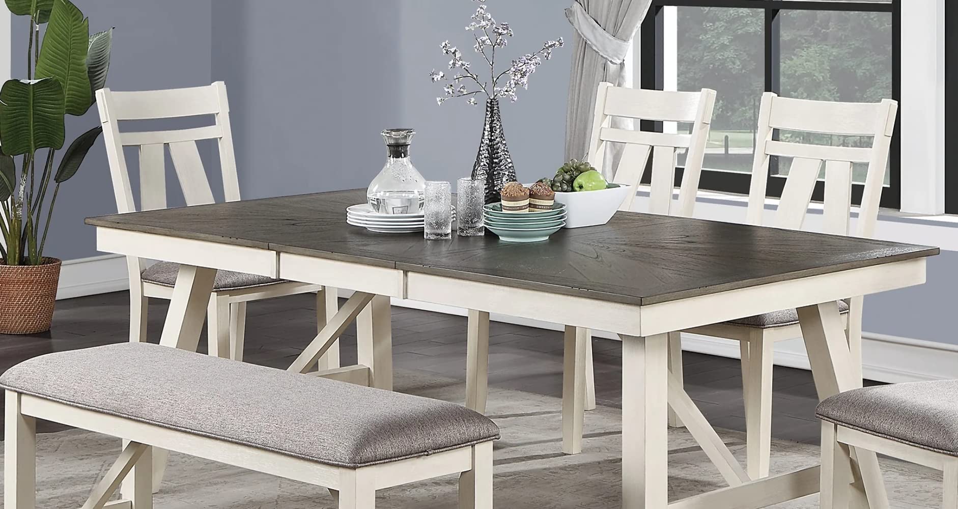 Dining Room Furniture 6pc Dining Set Table w Leaf and 4X Side Chairs 1x Bench Gray Fabric Cushion Seat White Clean Lines Wooden Table Top