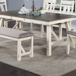 Dining Room Furniture 6pc Dining Set Table w Leaf and 4X Side Chairs 1x Bench Gray Fabric Cushion Seat White Clean Lines Wooden Table Top