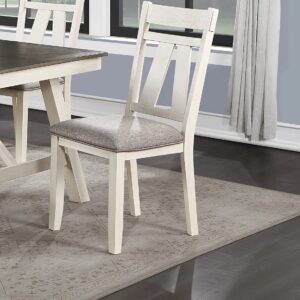 Dining Room Furniture 6pc Dining Set Table w Leaf and 4X Side Chairs 1x Bench Gray Fabric Cushion Seat White Clean Lines Wooden Table Top