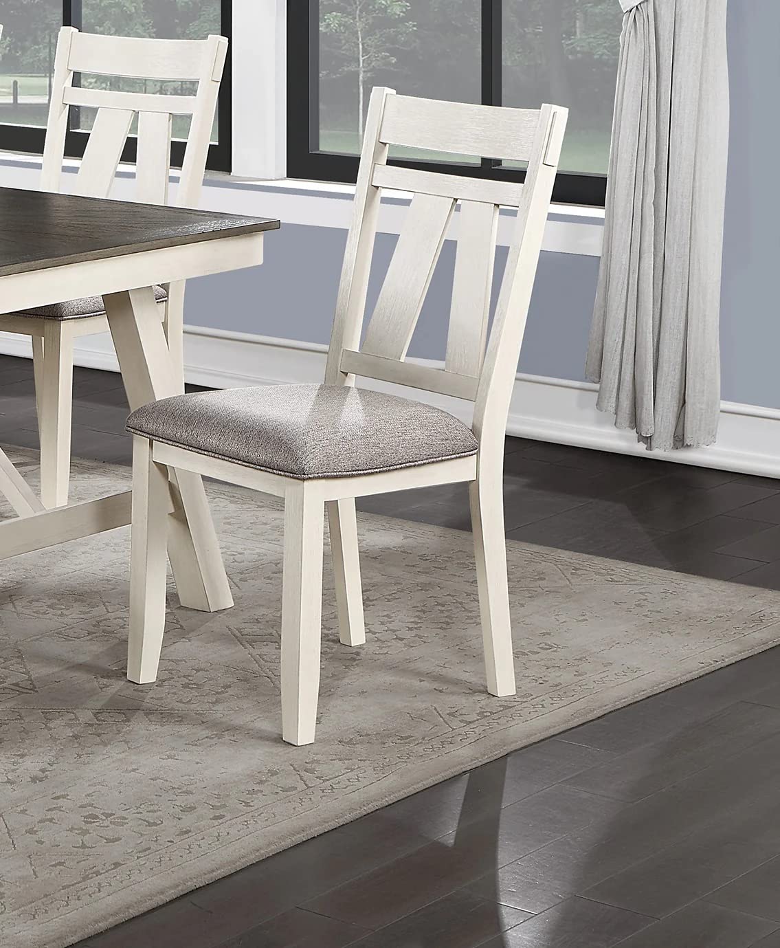 Dining Room Furniture 6pc Dining Set Table w Leaf and 4X Side Chairs 1x Bench Gray Fabric Cushion Seat White Clean Lines Wooden Table Top