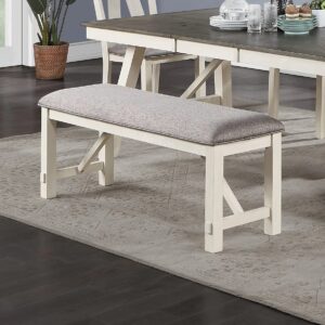 Dining Room Furniture 6pc Dining Set Table w Leaf and 4X Side Chairs 1x Bench Gray Fabric Cushion Seat White Clean Lines Wooden Table Top