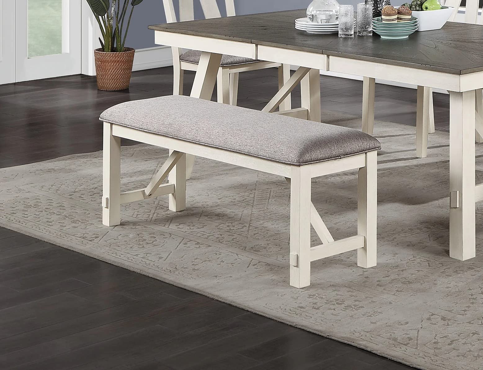 Dining Room Furniture 6pc Dining Set Table w Leaf and 4X Side Chairs 1x Bench Gray Fabric Cushion Seat White Clean Lines Wooden Table Top