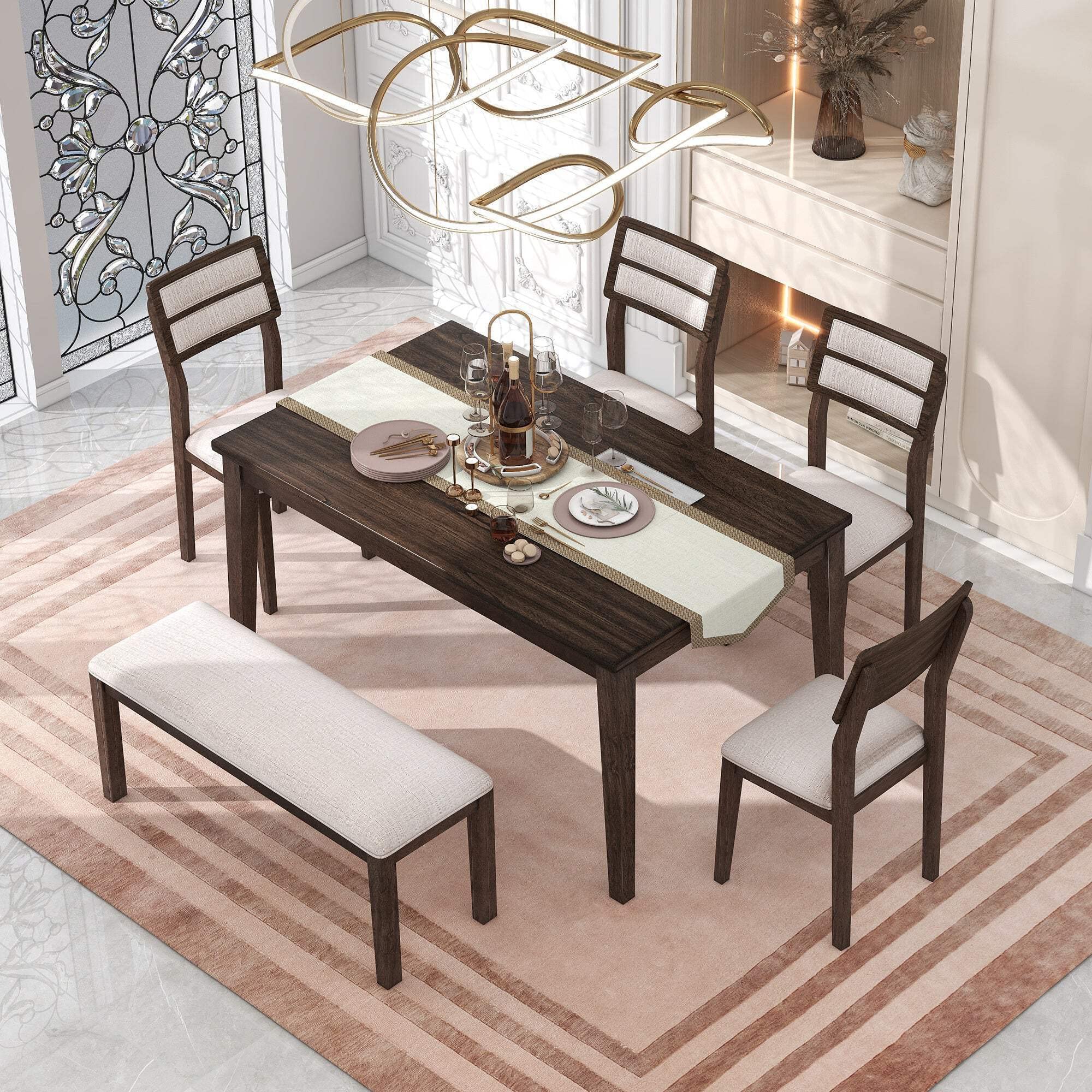 TREXM Classic and Traditional Style 6 - Piece Dining Set, Includes Dining Table, 4 Upholstered Chairs & Bench (Espresso)