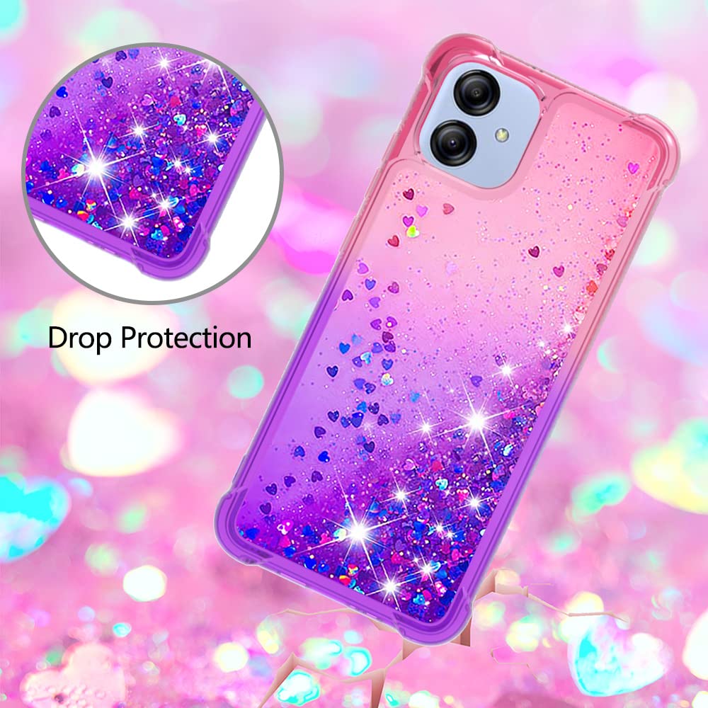 CAIYUNL for Samsung Galaxy A04E Case with Tempered Glass Screen Protector, Women Girls Glitter Bling Floating Liquid Sparkle Cute Soft TPU Phone Case Protective Cover for Samsung A04E Case-Purple/Pink