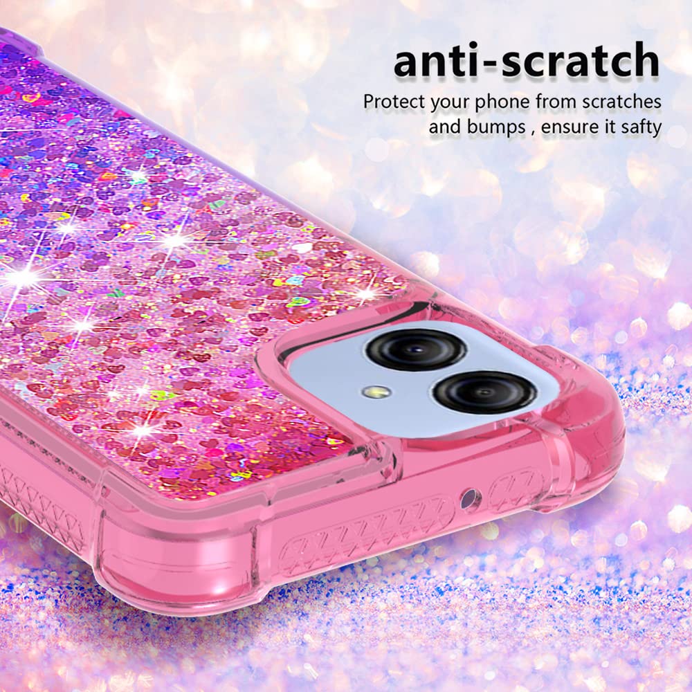 CAIYUNL for Samsung Galaxy A04E Case with Tempered Glass Screen Protector, Women Girls Glitter Bling Floating Liquid Sparkle Cute Soft TPU Phone Case Protective Cover for Samsung A04E Case-Purple/Pink