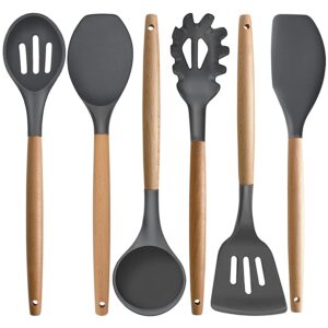 IOCBYHZ Kitchen Cooking Utensils Set, 6Pcs Silicone Cooking Kitchen Utensils Set Spatula Soup Ladle Turner Set, Heat Resistant Wooden Handle Silicone Kitchen Gadgets Utensil Set for Nonstick Cookware