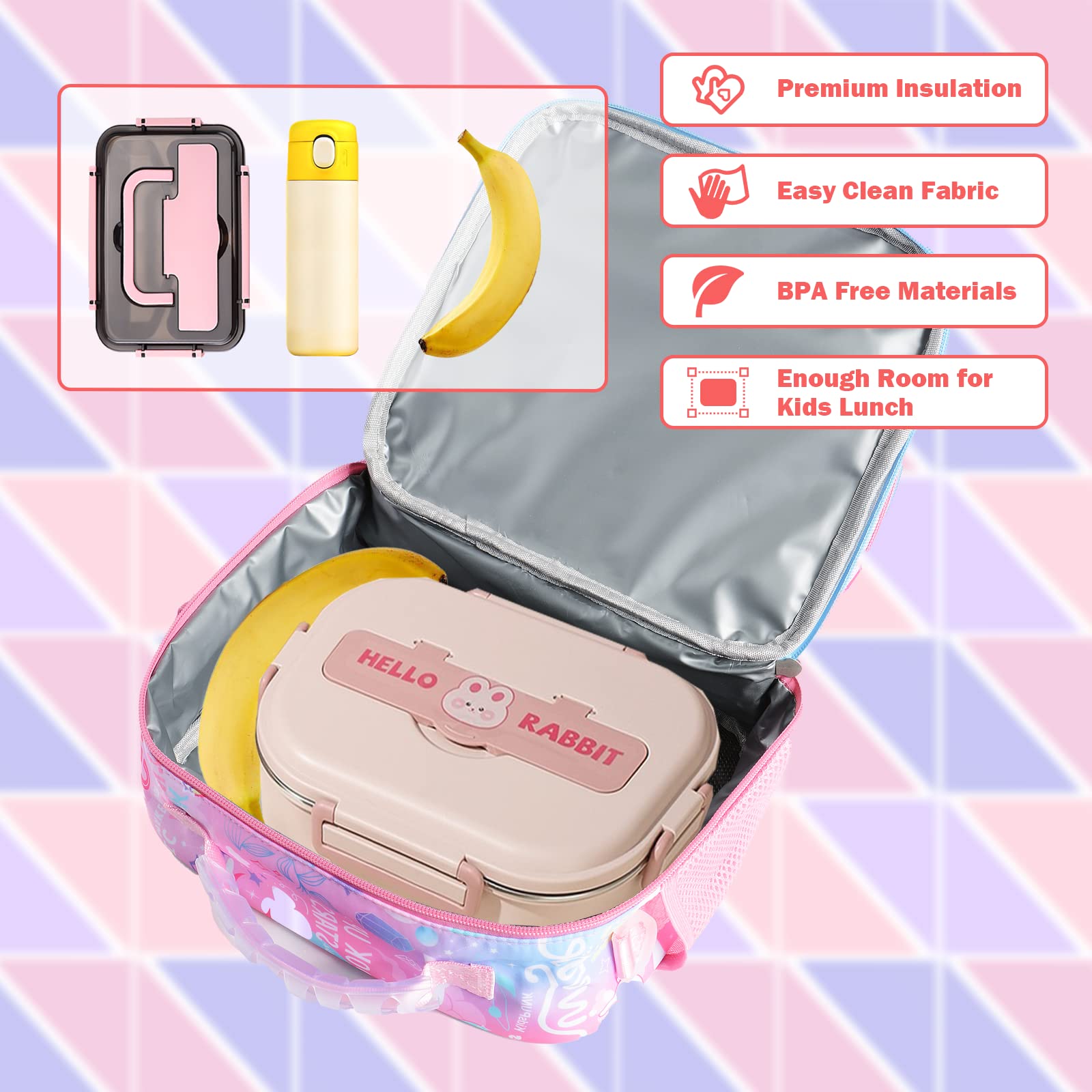 KidsPUNK Lunch Box Kids, Girls Lunch Box Insulated Lunch Bag Bento Lunch Box For Kids Cute Pink Cat Lunch Box For Girls Insulated Lunch Box For Boys Lunchboxes Kids With Water Bottle Holder