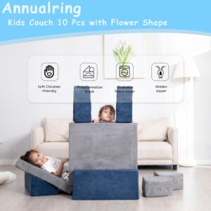 Annualring Modular Kids Play Couch 10 Pcs,Toddler Play Foam Sofa Fold Out Play Set with Flower Shape Fortplay Bedroom and Playroom Furniture,Convertible Sofa for Creative Boy Girl