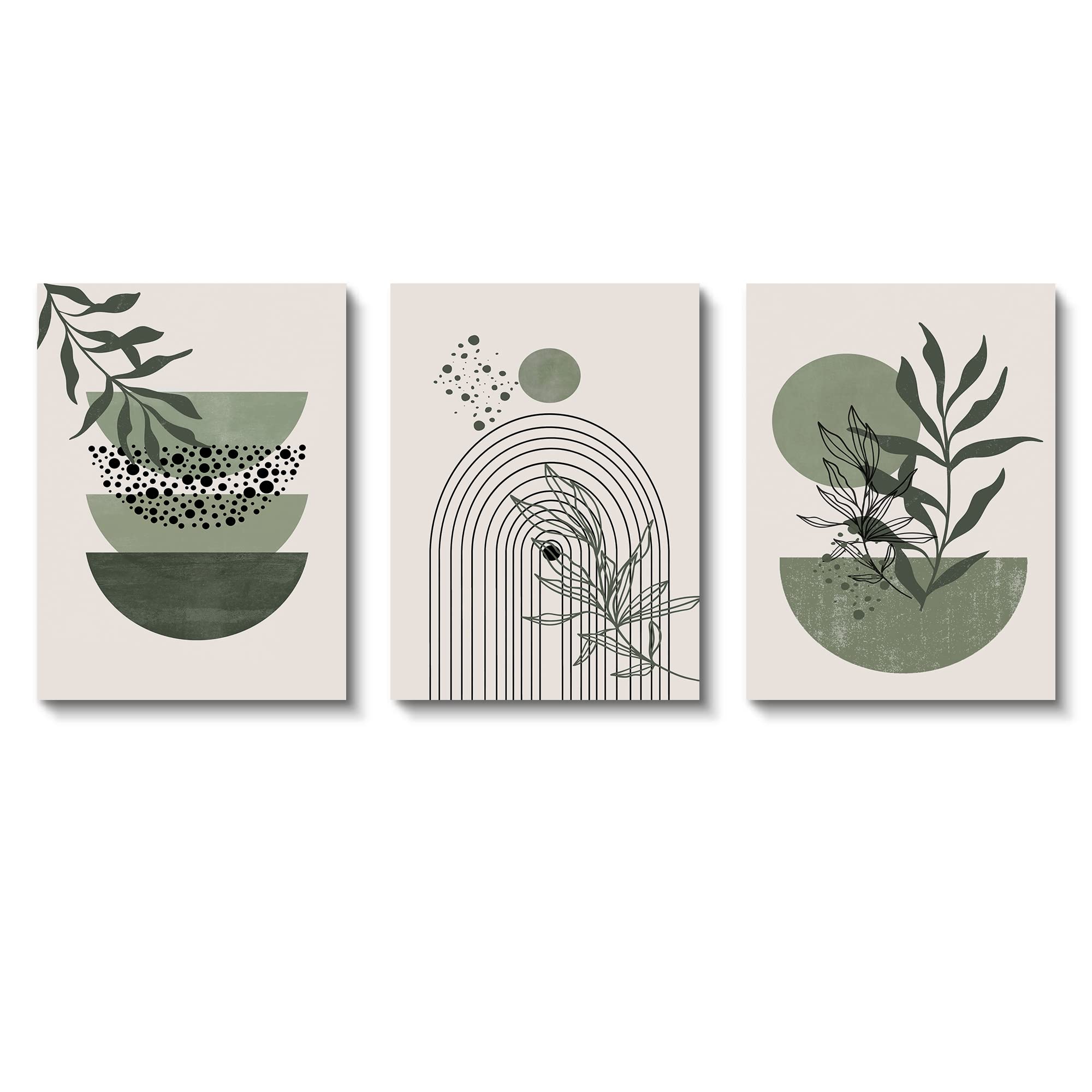 Sage Green Wall Posters & Prints, Green Boho Wall Art Set of 3, Minimalist Framed Wall Art Geometric Line Leaf Sun Moon Beige Green Canvas Artwork Paintings