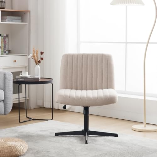 ESTRUCO Armless Office Chair Wide Desk Chair Mid Back Accent Chair Padded Swivel Vanity Chair for Girl Women Computer Task Chair for Home Office (Linen, Beige with Cross Base)