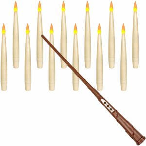 Leejec Floating Candles with Magic Wand Remote(6/18H Timer), 12pcs 6.1" Hanging Flameless Taper Candles, Battery Operated Flickering Warm Light, Halloween Christmas Wedding Party Decor & Gift(Ivory)