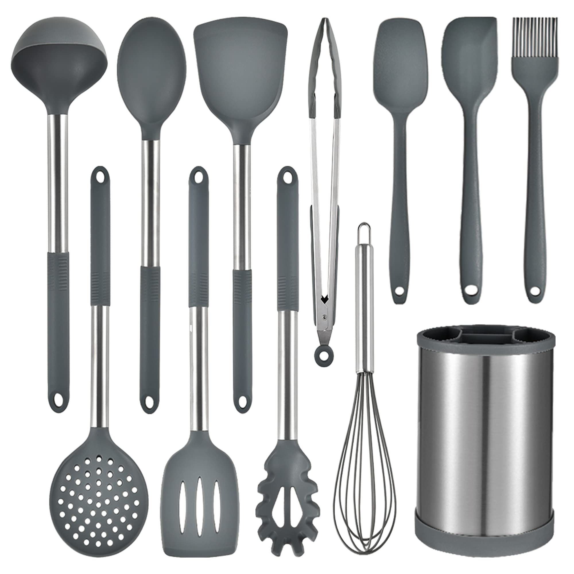 Keidason Kitchen Cooking Utensils Set, 12-piece Non-stick Silicone Kitchen Utensils Set Heat-resistant Stainless Steel Handle, BPA-Free, Cooking Tool Mixing Kitchen Tool Set (Gray)